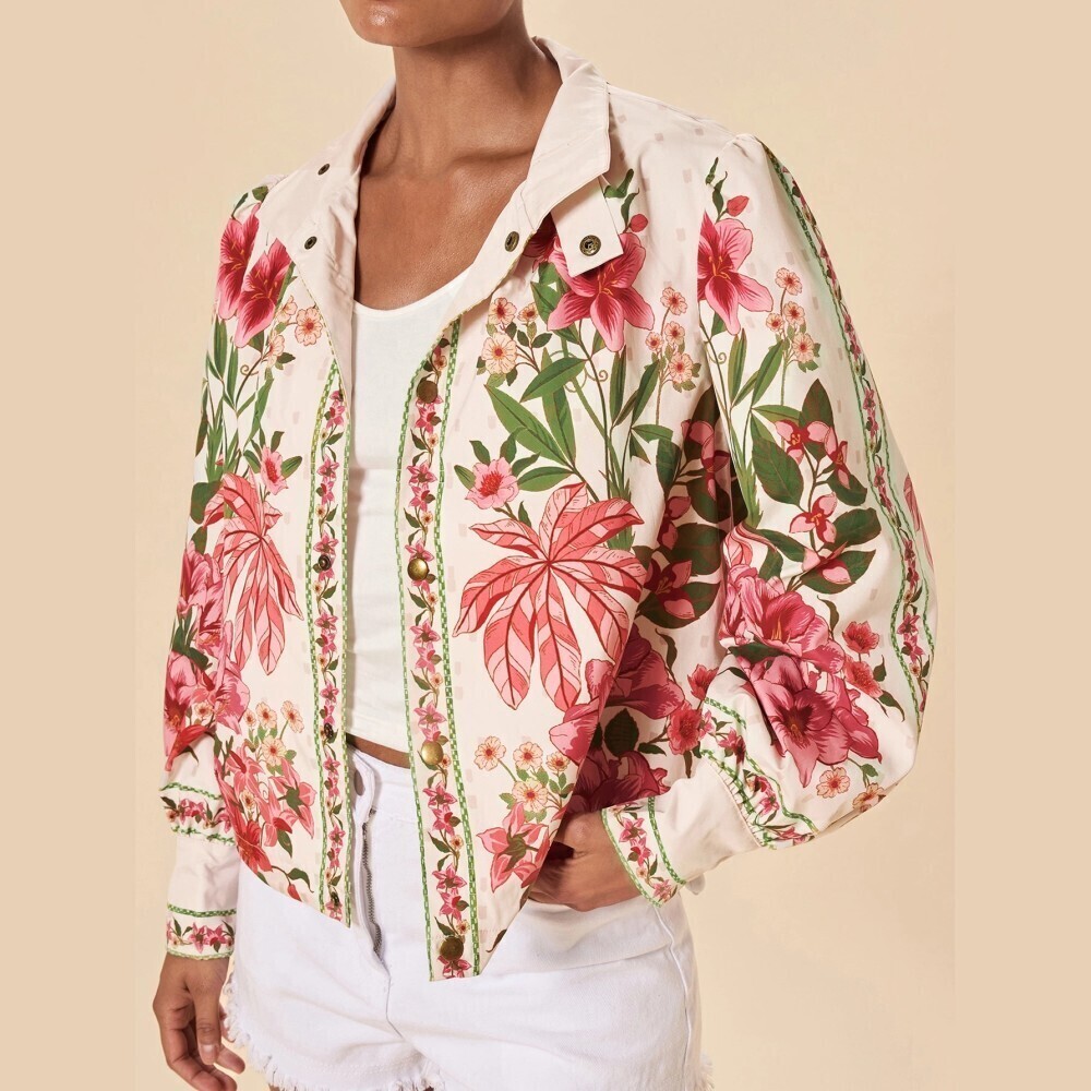 Cream Tropical Floral Print Snap Front Stand Collar Lightweight Cropped Jacket
